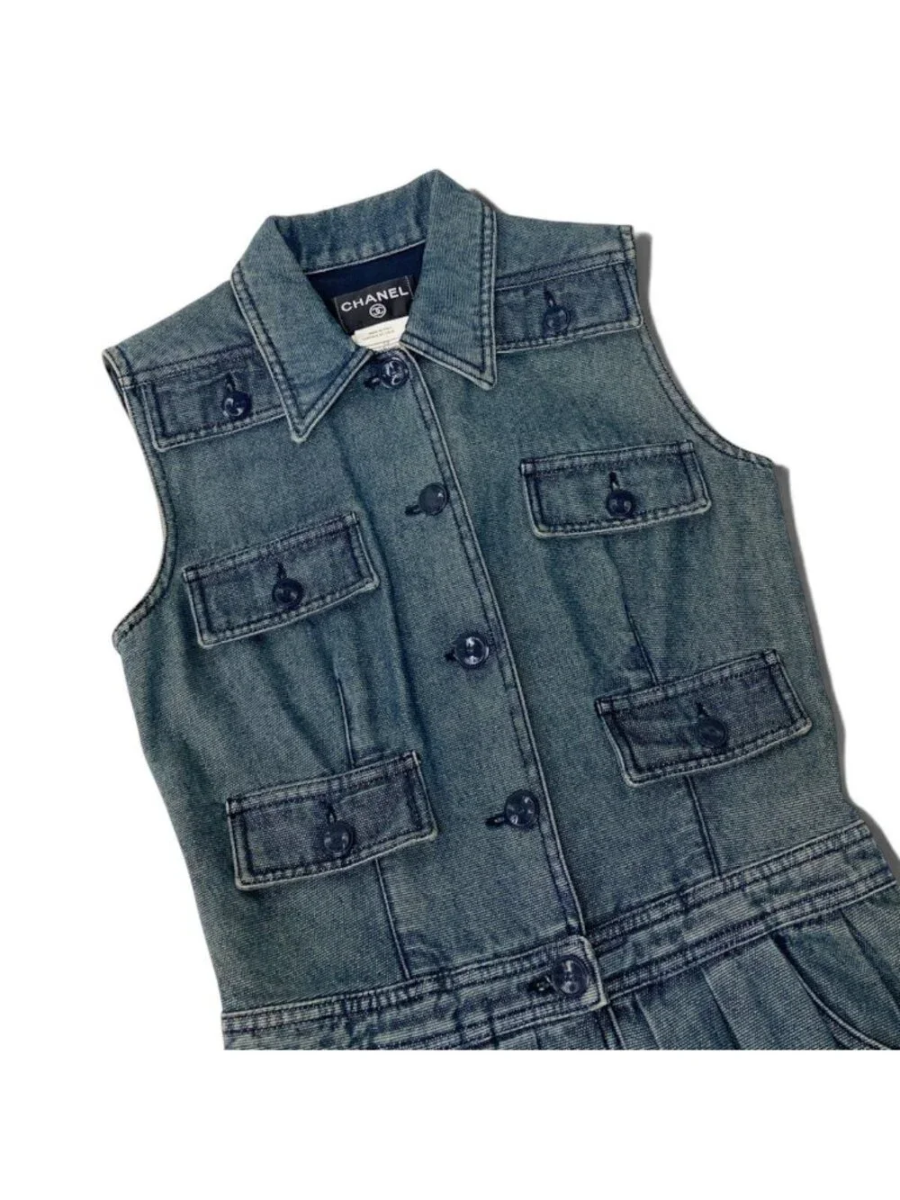 Chanel 01P CC Button Denim Long Dress Vintage CC Indigo Blue 36